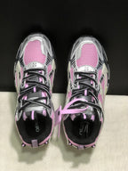 Top view showing the round toes, black laces, pink mesh panels, and tongue detailing.