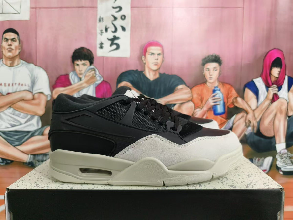 Side view of a black and cream low-top sneaker with a visible air unit