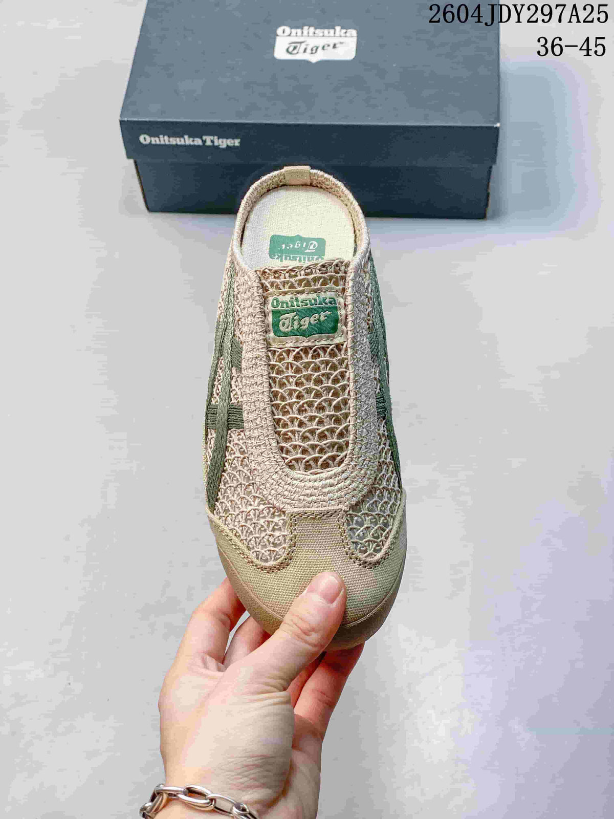 Top view of the sneaker showing the beige upper, green accents and Onitsuka Tiger tongue label.