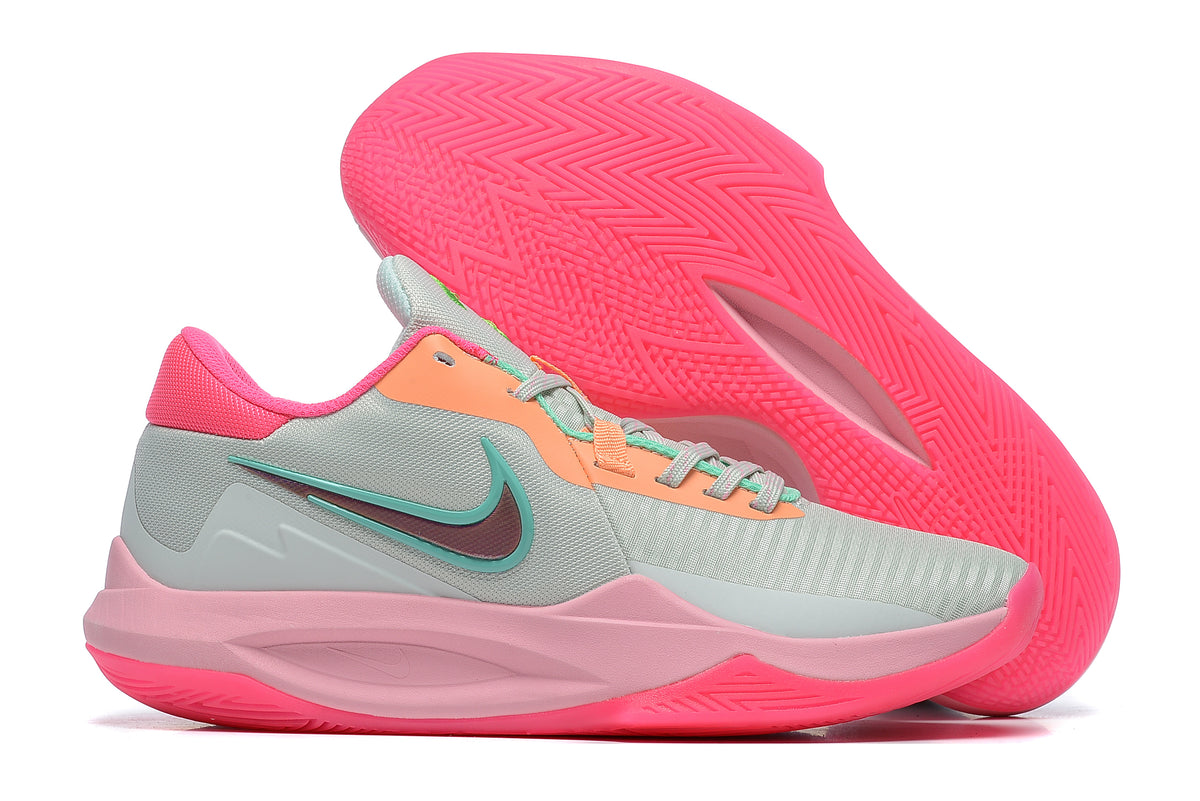 Pale gray basketball shoe with pink, teal, and coral accents and a pink outsole.