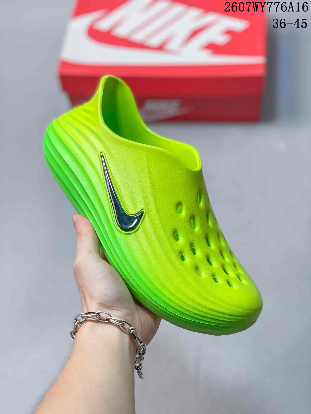 Angled close view of the neon green clog showing the molded upper, ventilation holes, dark Nike Swoosh, and layered side detailing.