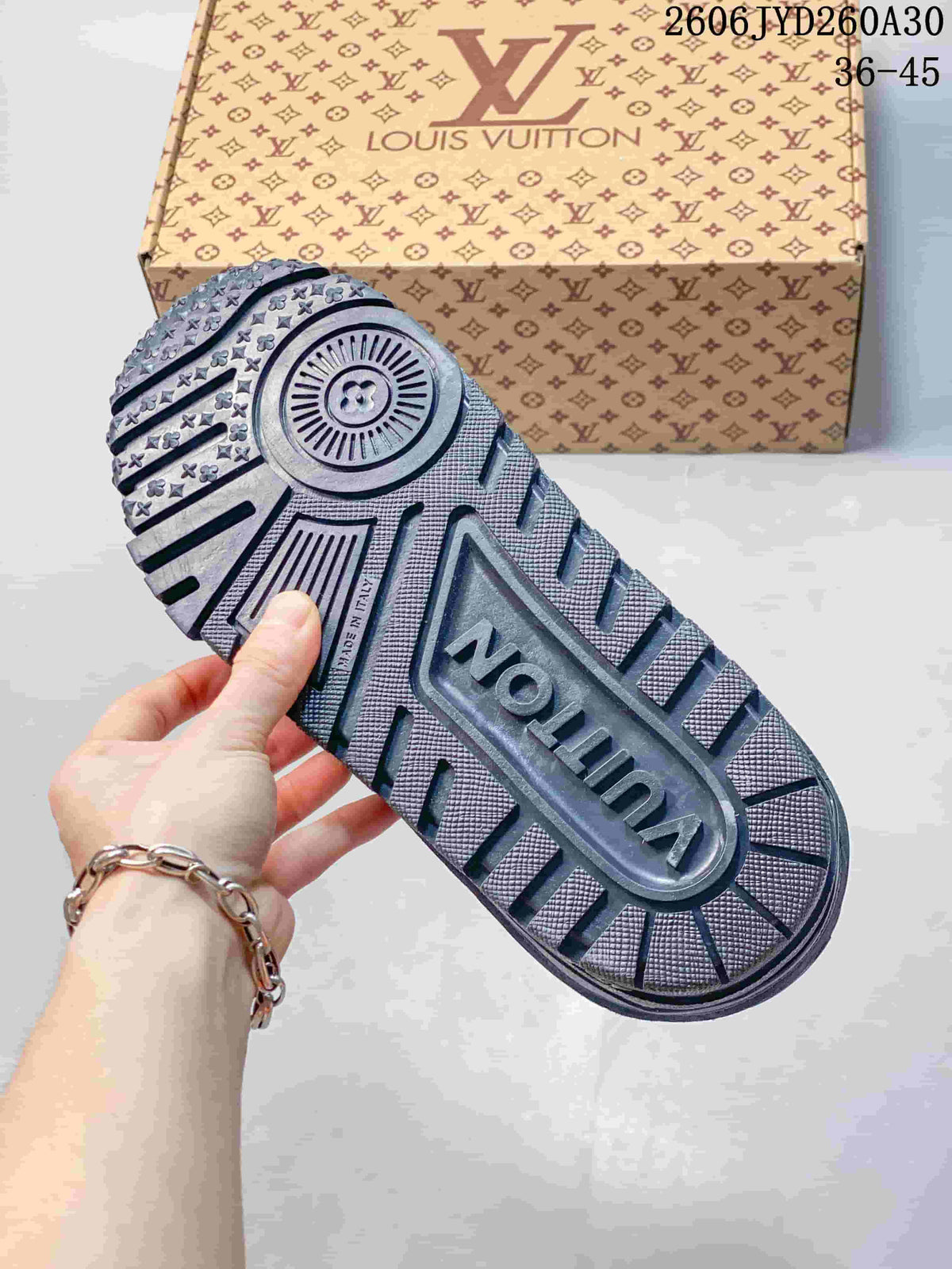 Underside of a Trainer Maxi sneaker showing the patterned outsole