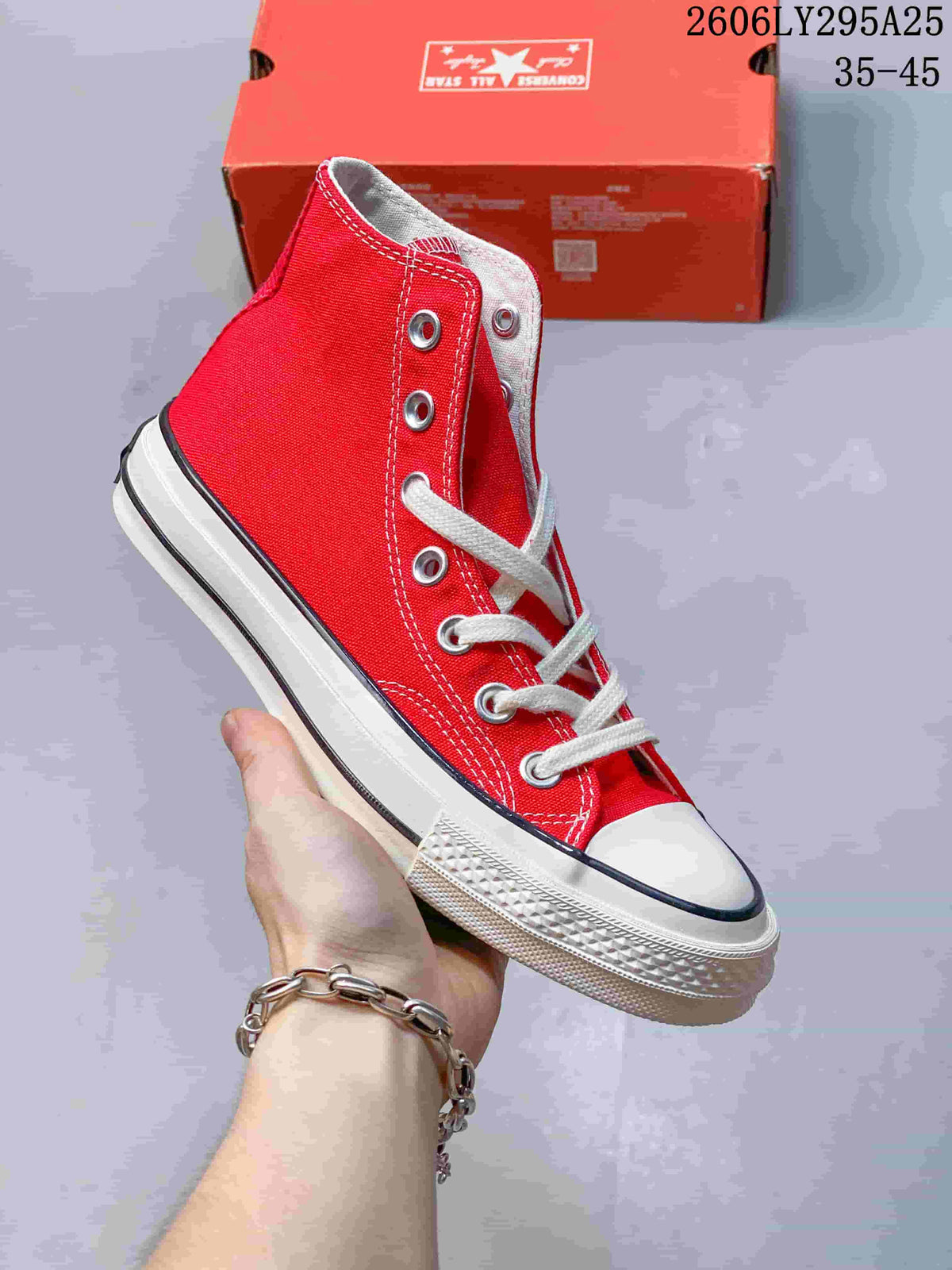 Red high-top sneaker with white laces, a rubber toe cap, and a white sole; size range 35–45 is printed in the image.