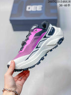 Side view showing the pink textured upper, white midsole and black traction outsole.