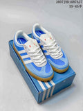 Blue and white adidas Samba ADV sneakers shown from above on a blue shoebox.