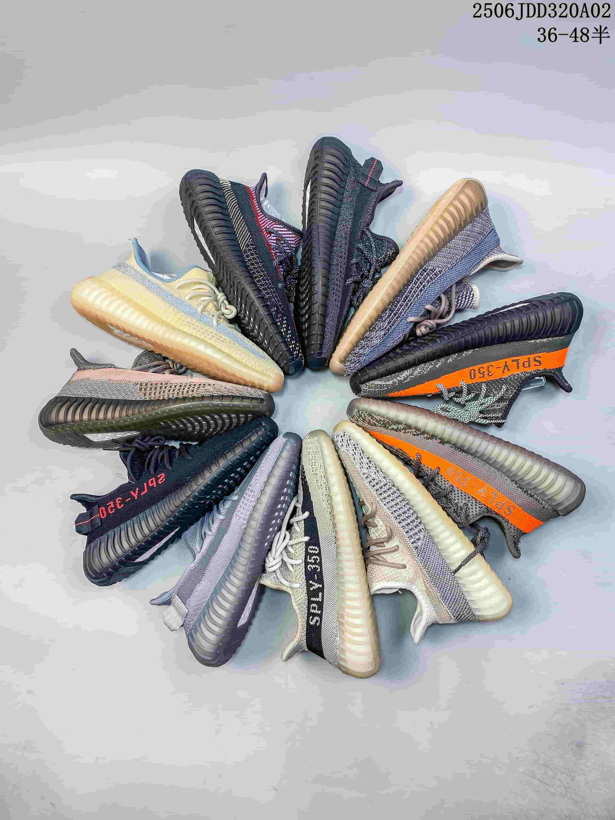 A circle of knit sneakers in assorted colorways; image text shows code 2506JDD320A02 and sizes 36–48.5.