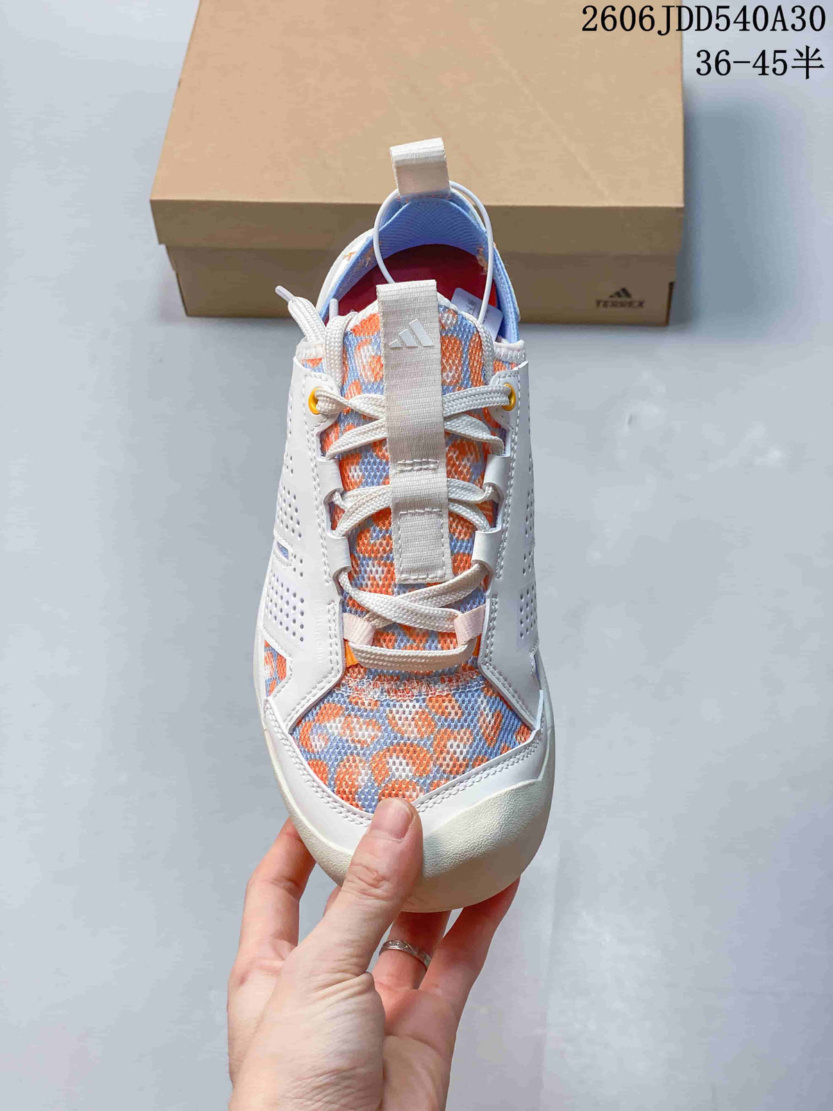 Front view of the shoe showing its lace-up closure and patterned upper