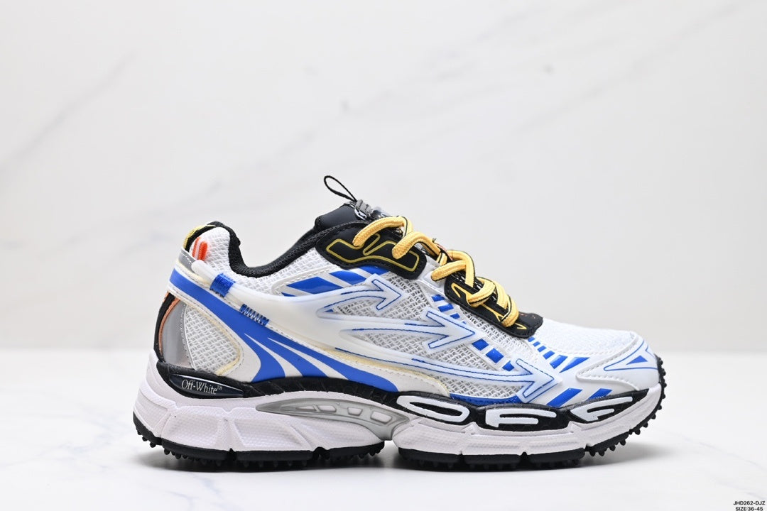 Side profile of the sneaker with white mesh, blue graphics, black trim, and a textured black outsole.