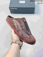 Brown Onitsuka Tiger Mexico 66 Sabot sneaker with tonal side stripes, shown with its box; the image shows style code 2604JDY297A25 and size range 36–45.