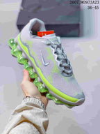 Angled side view highlighting the Nike Swoosh, neon green detailing, and translucent cushioning-style sole unit.