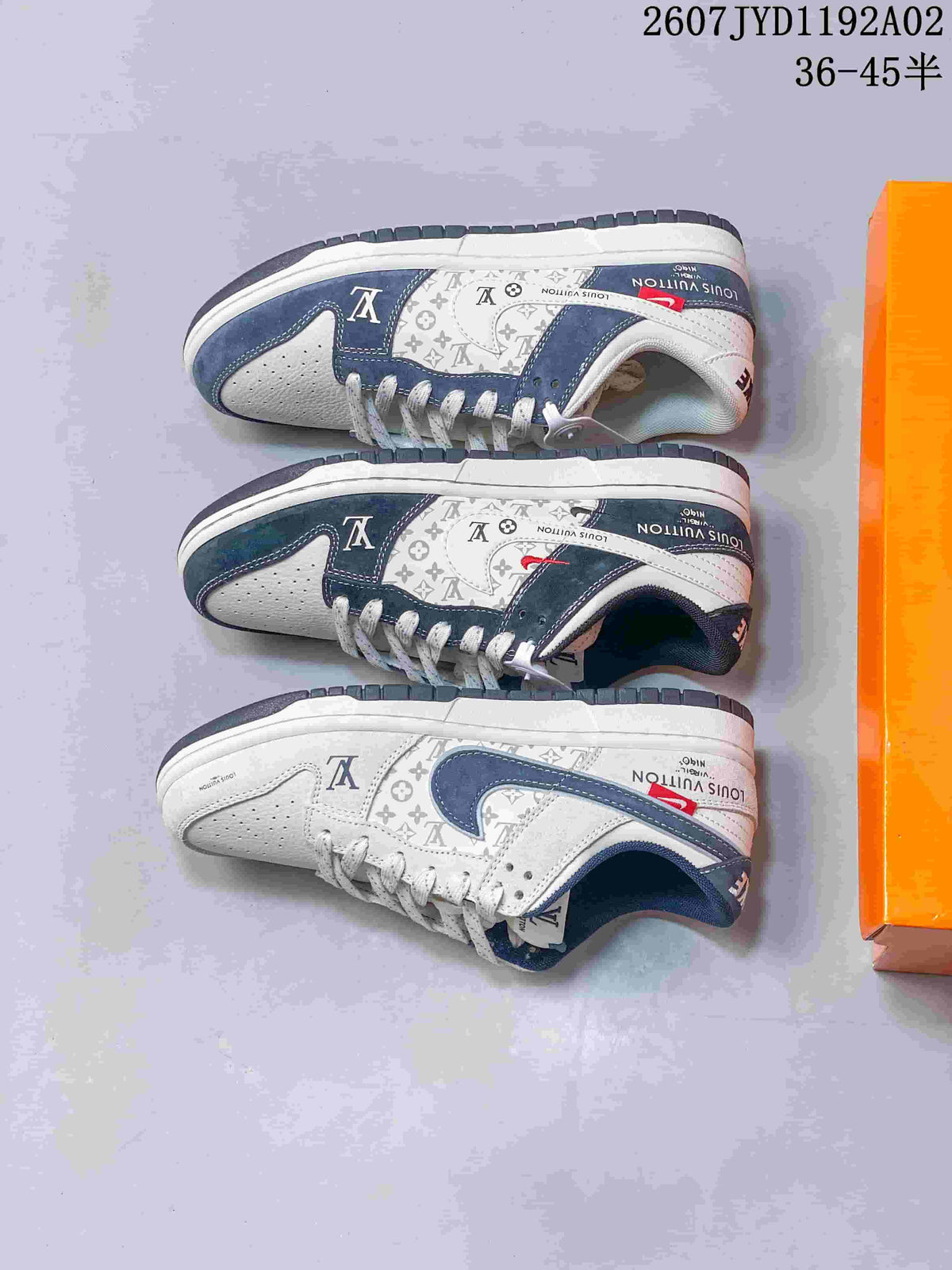 Three views of low-top sneakers in white and navy with patterned side panels