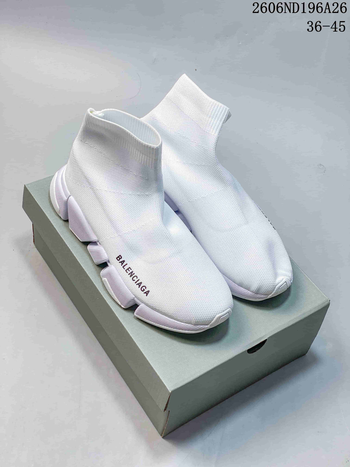 Pair of white Balenciaga sock sneakers displayed on a branded shoe box, with style code 2606ND196A26 and size range 36–45 visible.