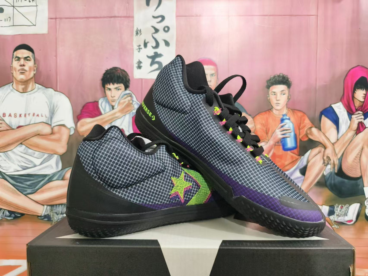 Pair of black, gray, and purple Converse basketball shoes shown from the side