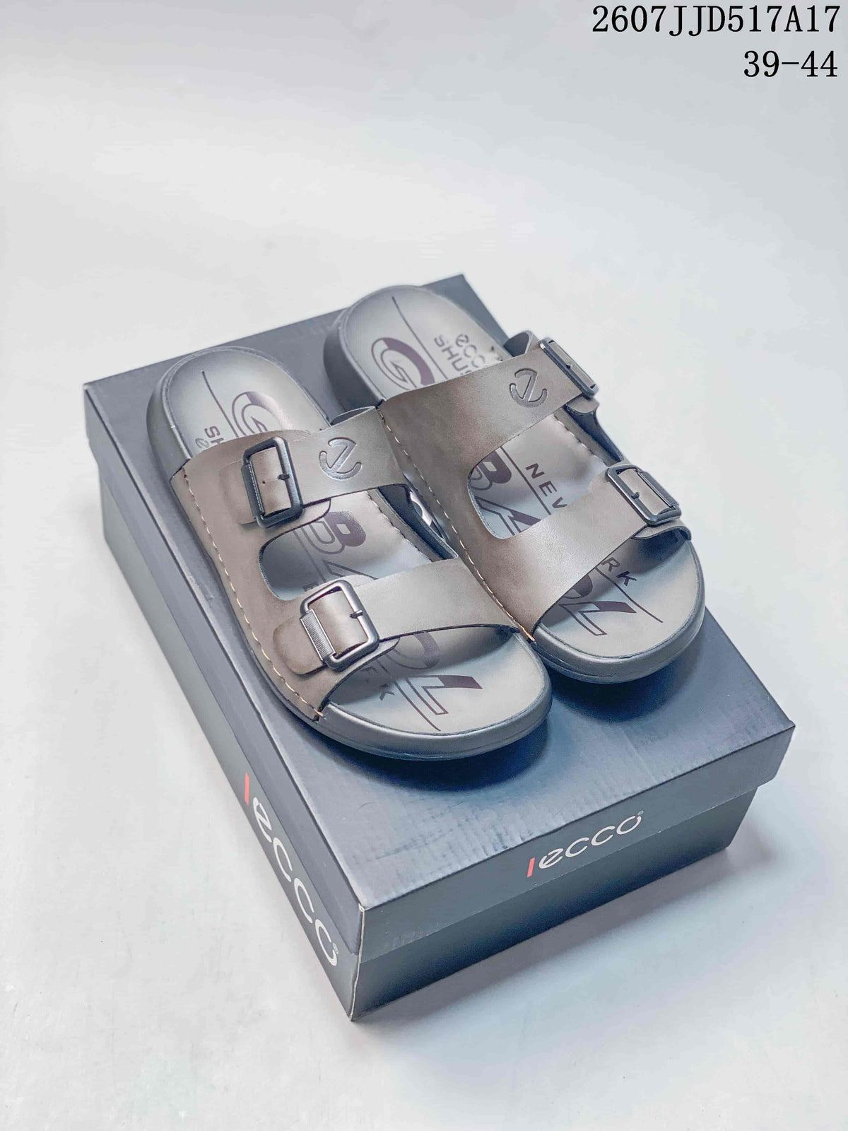 Taupe-gray ECCO two-buckle sandals displayed on an ECCO shoe box; image text shows style 2607JJD517A17 and size range 39–44.