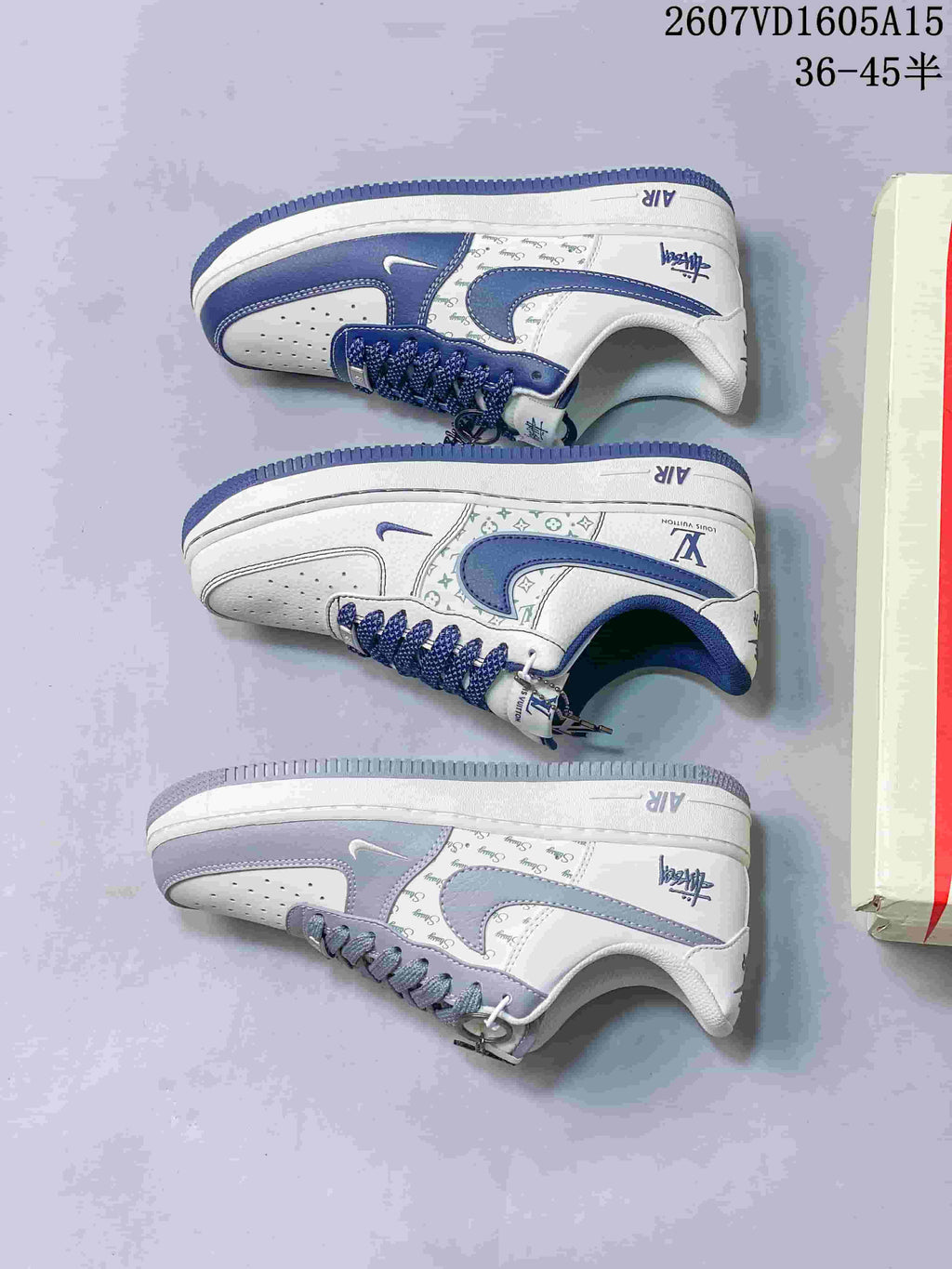 Top-down view showing three photographed white sneakers with blue or gray contrasting details and patterned side panels.