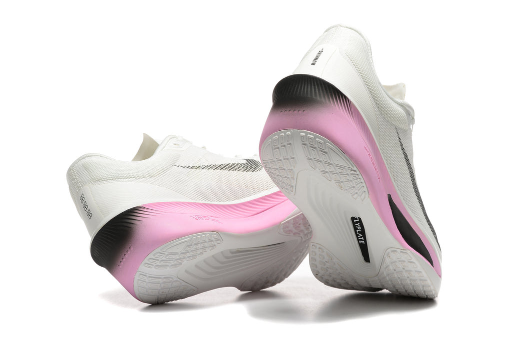 White Nike Zoom Fly 6 shoes showing pink and white outsole details