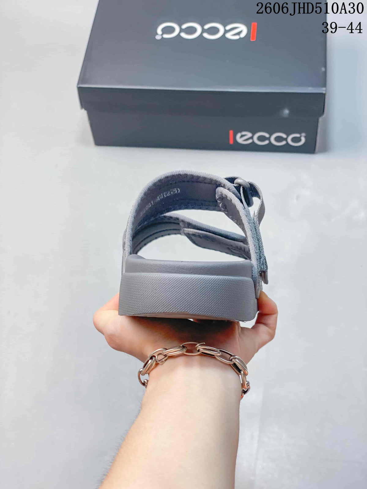 Rear view of a grey ECCO sandal showing its sole and strap construction