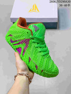 Bright green Nike Ja 3 basketball shoe with purple accents