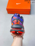 Rear view of the patterned running shoe showing the heel and visible cushioning element