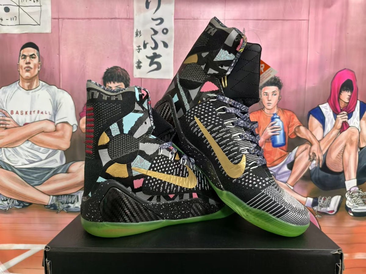 Pair of black patterned high-top basketball shoes with gold side logos and green outsoles