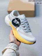 Three-quarter side view of the white and yellow On sneaker showing the lace-up upper, side branding, and black outsole details.