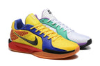 Mismatched pair of Sabrina 2 basketball shoes in yellow and blue, and white, mint green, and purple.