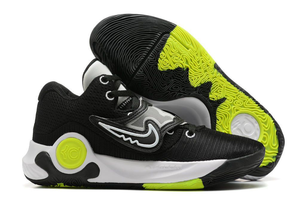 Black Nike KD basketball shoes with bright yellow-green outsole accents.