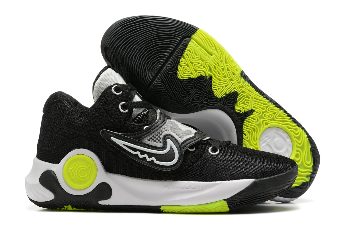 Black Nike KD basketball shoes with bright yellow-green outsole accents.