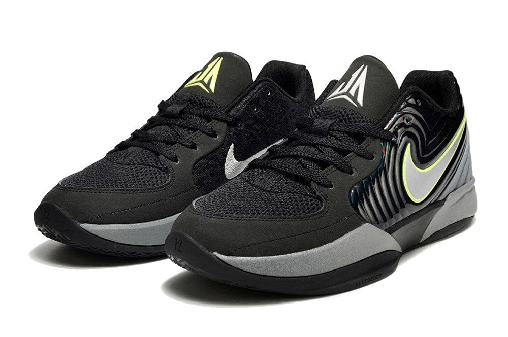 Pair of black and red Ja 2 basketball shoes in a front three-quarter view.