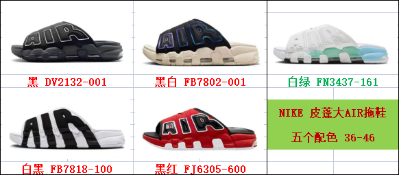 Product chart showing five Nike Air slide colorways, style codes, and the listed size range 36-46.