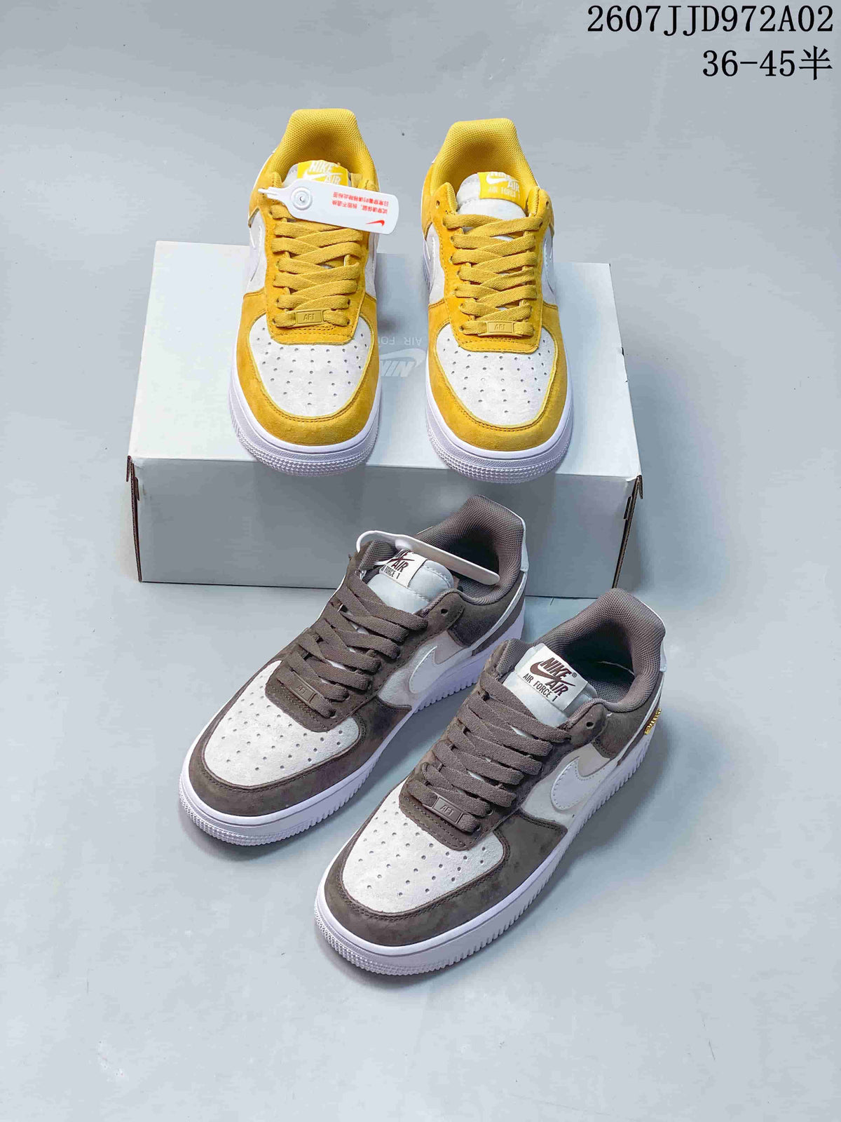 Yellow and white and brown and white low-top Nike Air Force 1 '07 sneakers shown together