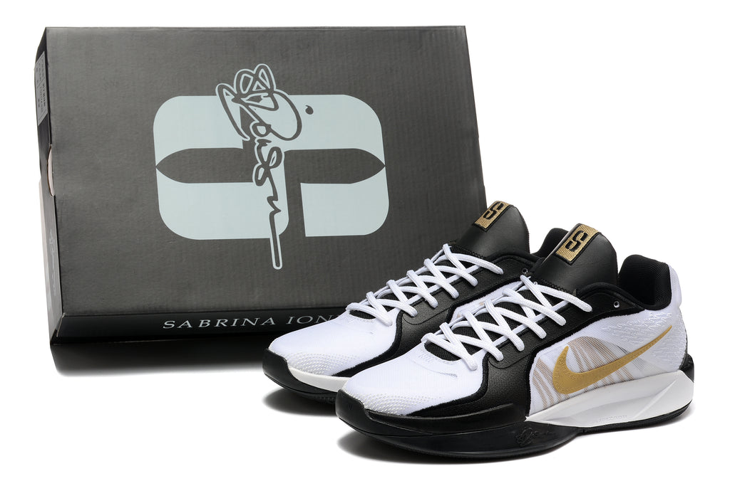 Pair of basketball shoes beside a box marked Sabrina Ionescu