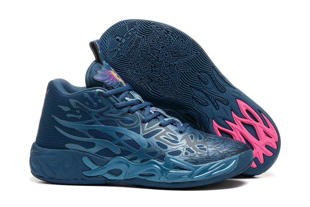 Dark blue high-top basketball shoes with pink accents and patterned outsoles.