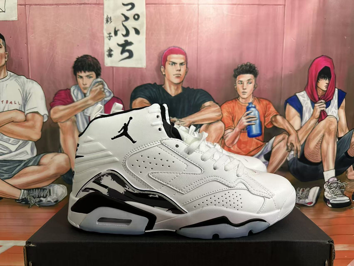 Side profile of a white high-top sneaker with black accents, perforated panels and a Jumpman logo.