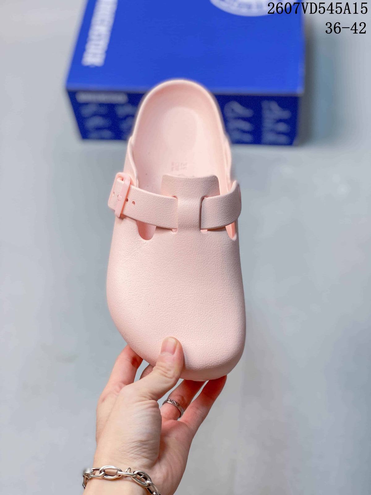Top view of the pink sandal showing the closed toe and adjustable strap.