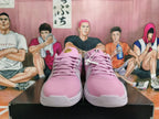 Front view of pink basketball shoes with matching laces