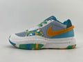 Side view of a multicolor Nike low-top basketball shoe with gray mesh panels, a white midsole, teal and green accents, and an orange Swoosh