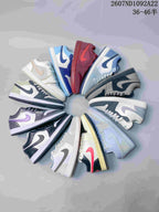 Group image showing multiple low-top Jordan colorways arranged in a circle.