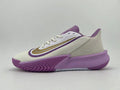 Side view of a white Nike Precision 7 basketball shoe with purple and gold accents and a purple outsole