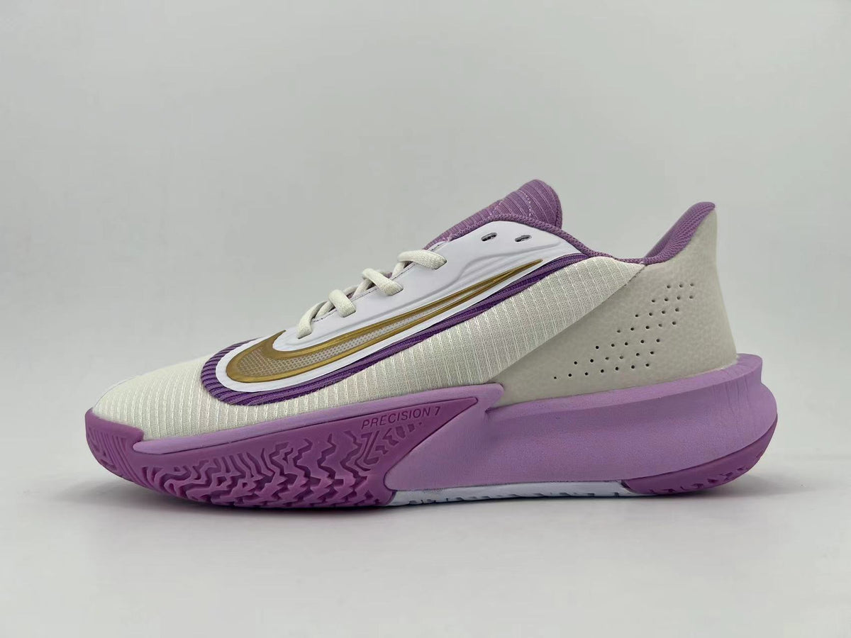 Side view of a white Nike Precision 7 basketball shoe with purple and gold accents and a purple outsole