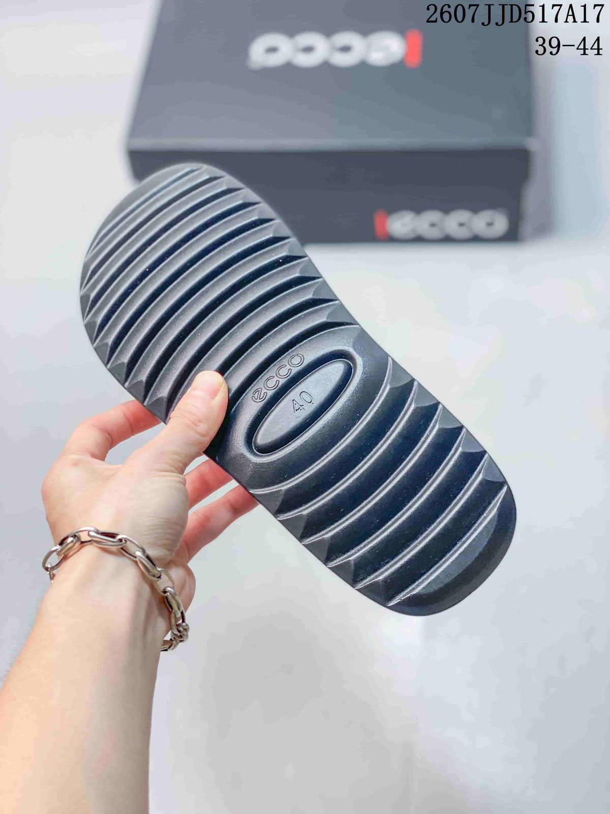 Close view of the dark ribbed outsole of an ECCO sandal, with size 40 visible on the sole; background shows ECCO packaging.