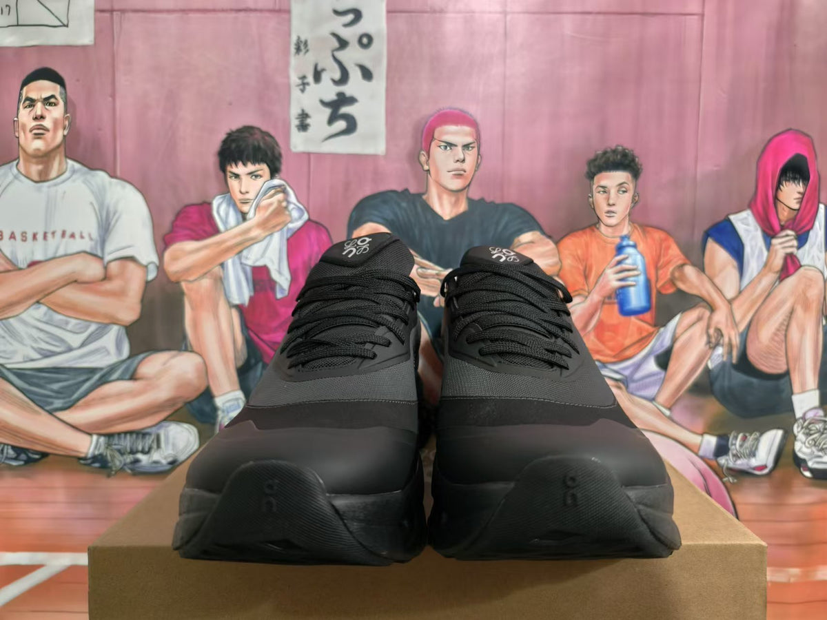 Front view of black On Cloudtilt sneakers with lace-up closures