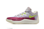 Side profile of a Nike KD basketball shoe with a lime Swoosh and pink and lavender panels