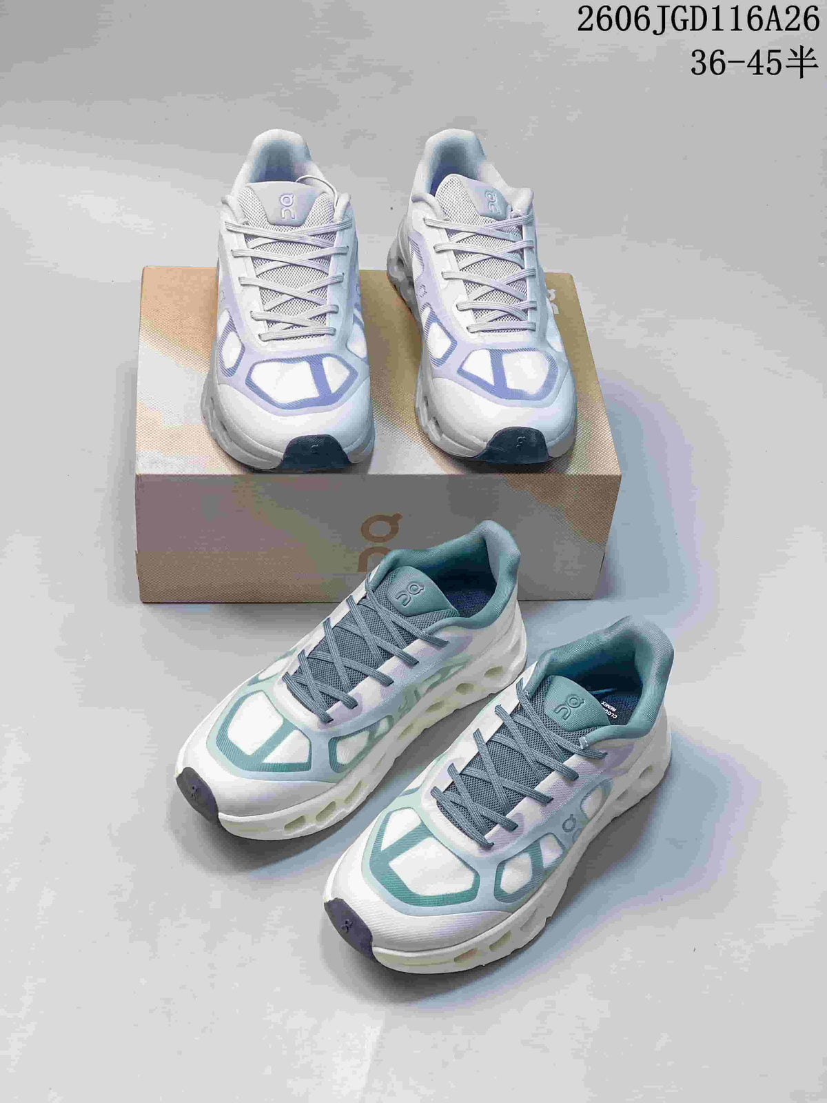 White On Cloudtilt Remix sneakers shown in pale blue and teal-accented variations.