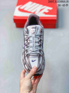 Top view of the Nike P-6000 sneaker showing the layered toe box, laces, tongue label and purple accents.