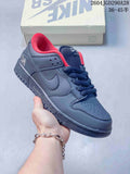 Charcoal Nike Dunk Low sneaker with navy laces and red collar lining; image overlay shows sizes 36–45.5.