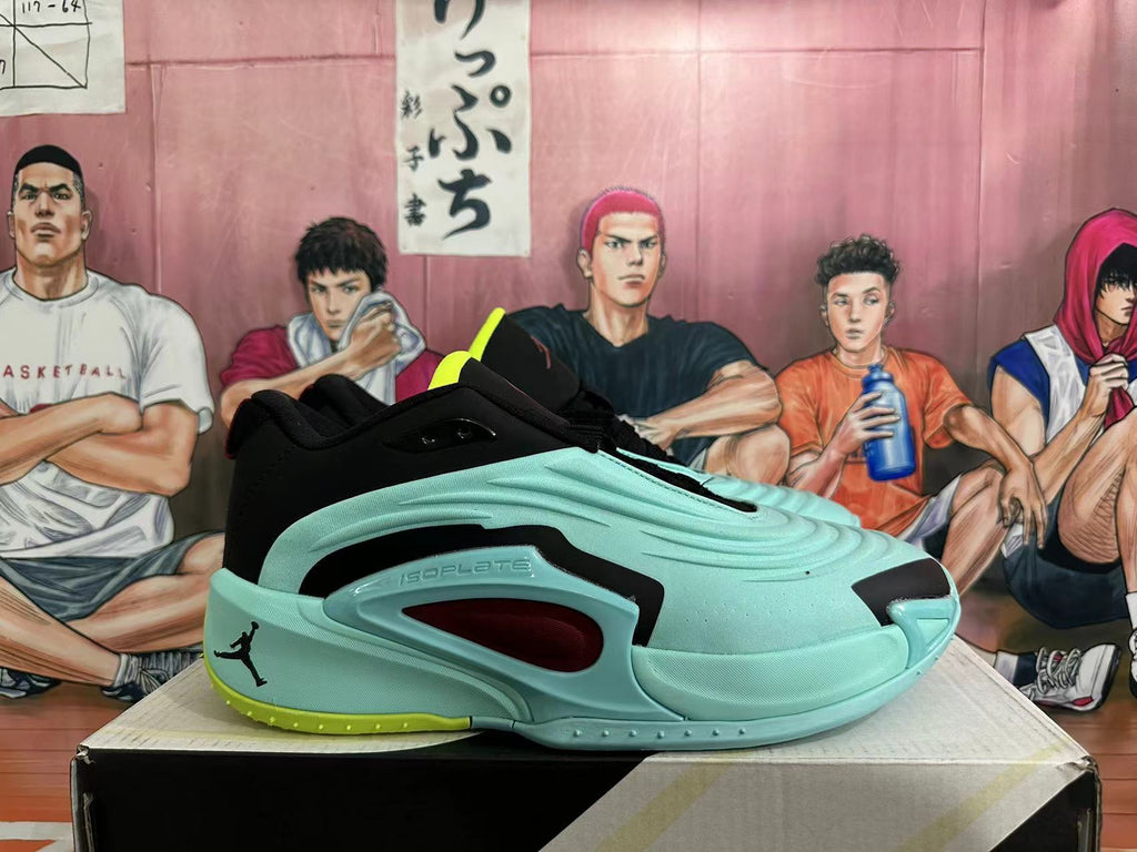 Side view of a light aqua basketball shoe with black and volt details