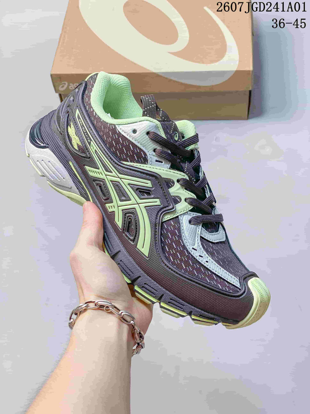 ASICS GEL-SD Lyte sneaker in dark plum, gray and pale lime, shown with a shoebox.