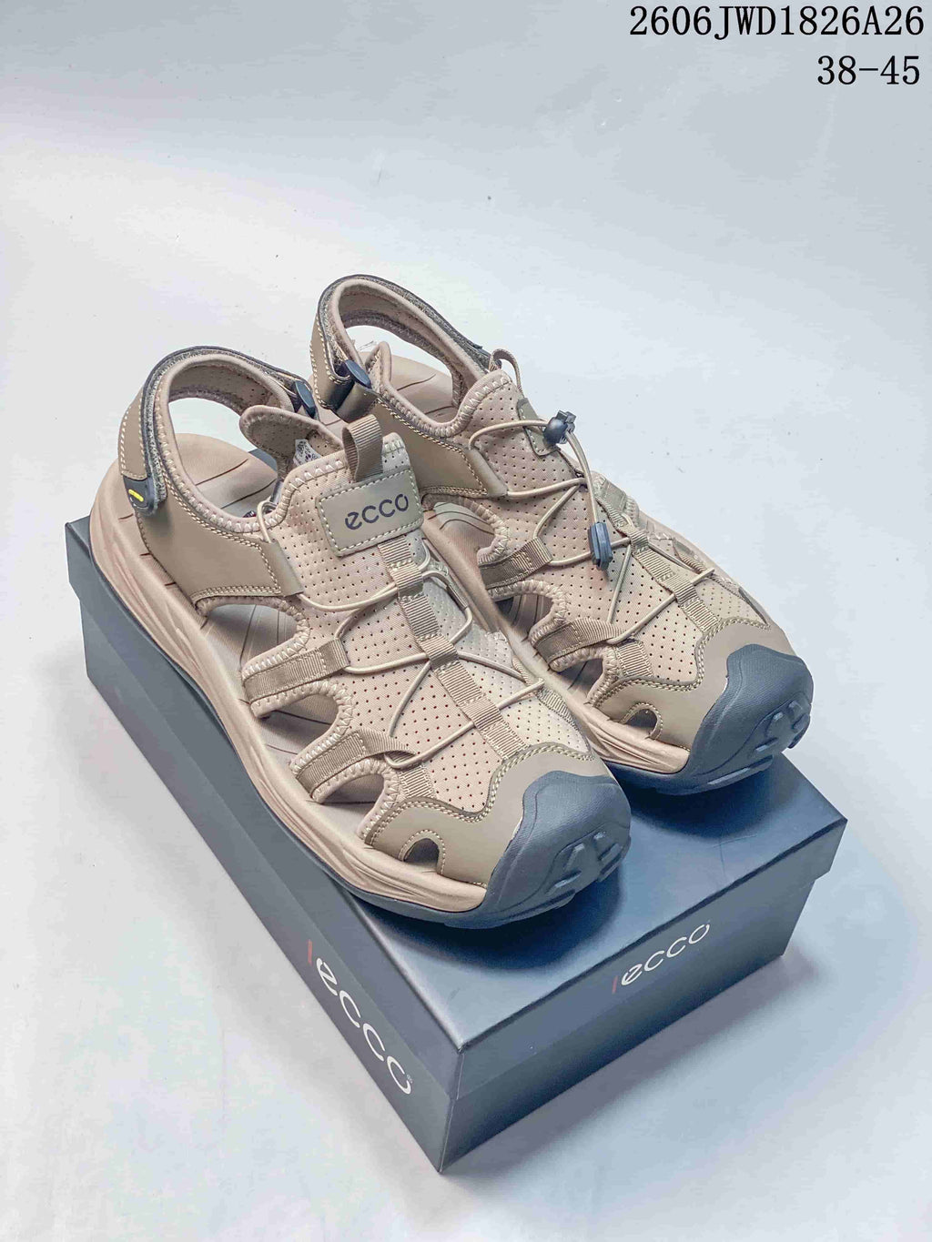 Three color options of open-toe ECCO sandals shown from the side: beige, off-white, and dark navy.