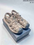 Three color options of open-toe ECCO sandals shown from the side: beige, off-white, and dark navy.